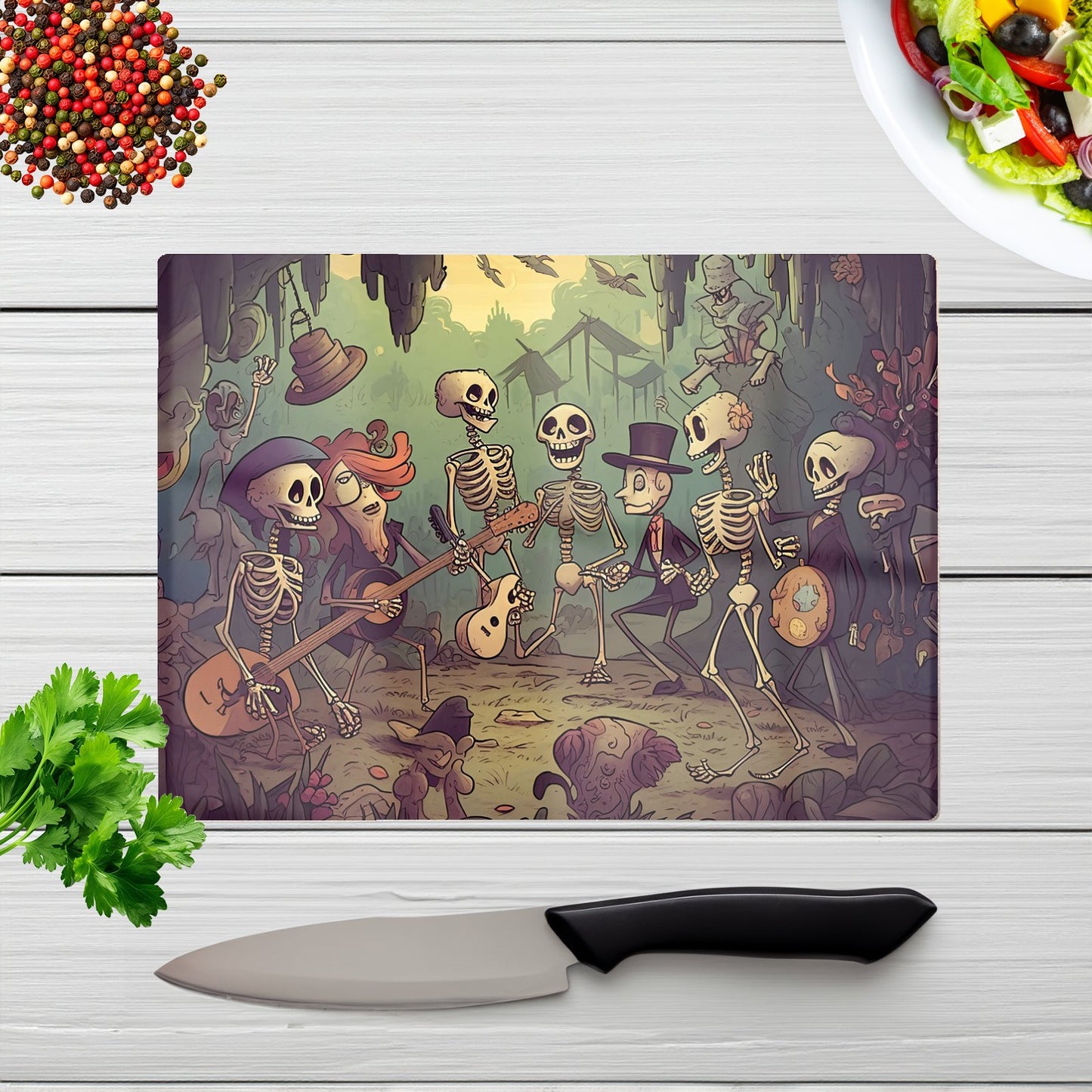Cartoonish Skeletons Having A Party Glass Chopping Board