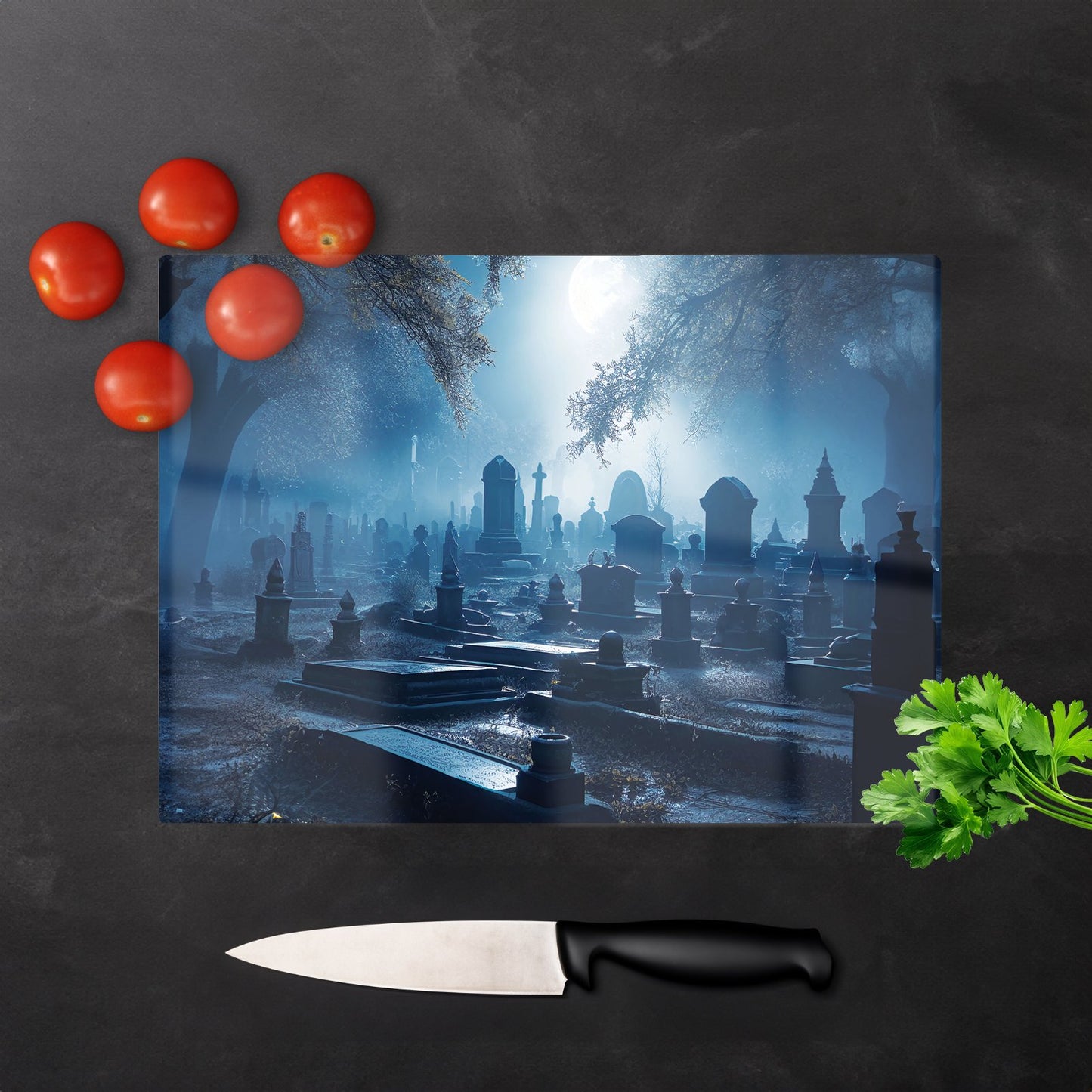 A Moonlit Graveyard Glass Chopping Board