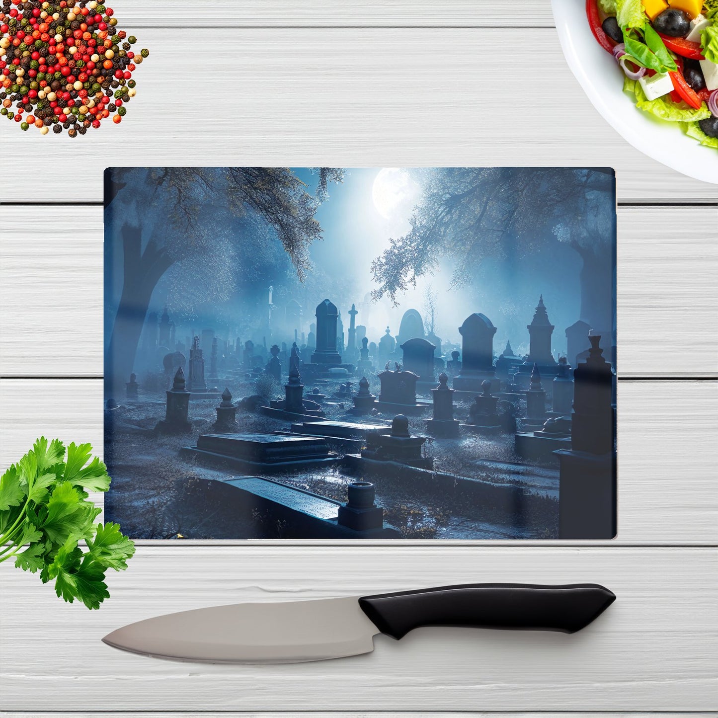 A Moonlit Graveyard Glass Chopping Board