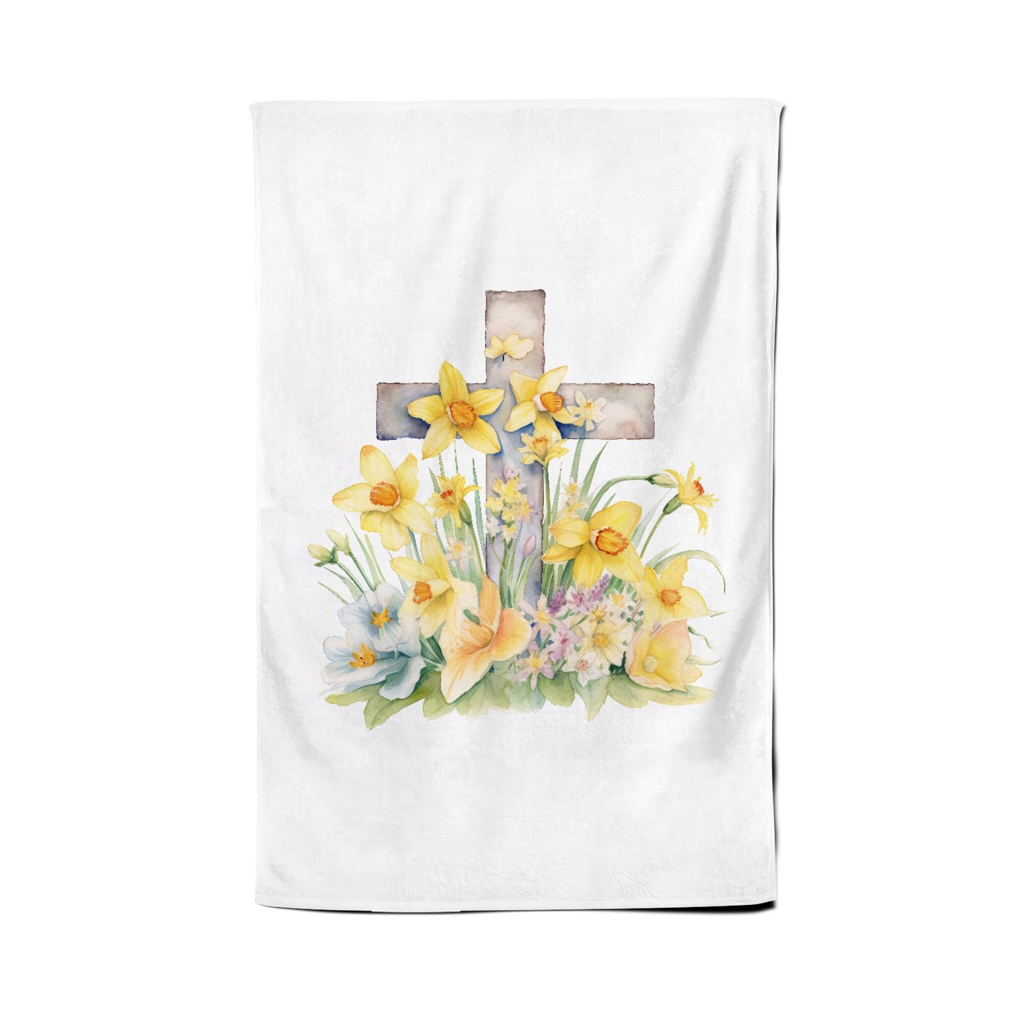 Boho Watercolour, Easter Cross with Daffodils Tea Towel