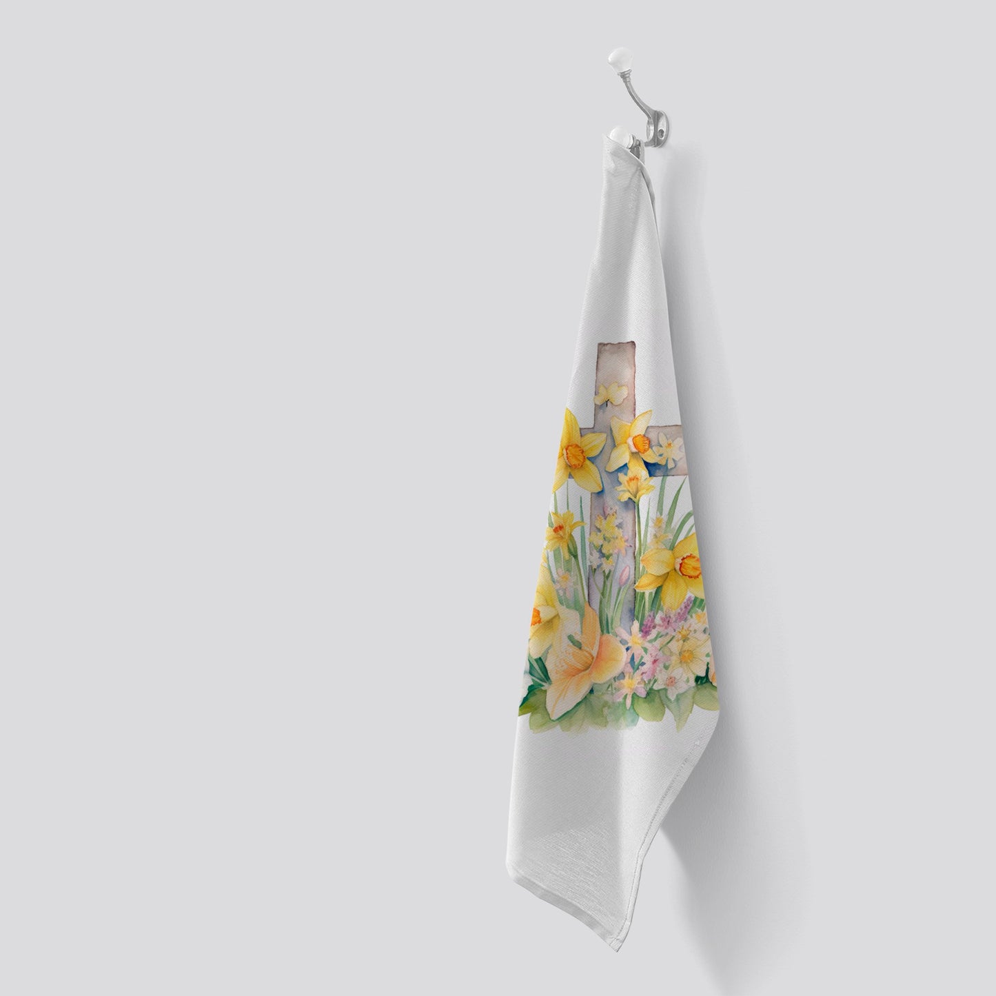 Boho Watercolour, Easter Cross with Daffodils Tea Towel