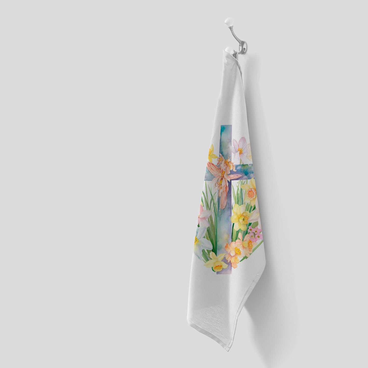 Easter Cross with Daffodils Watercolour Tea Towel