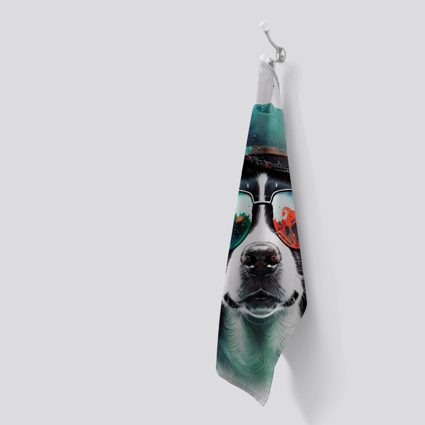 Border Collie Dog Face Glasses And Hat Splashart Tea Towel
