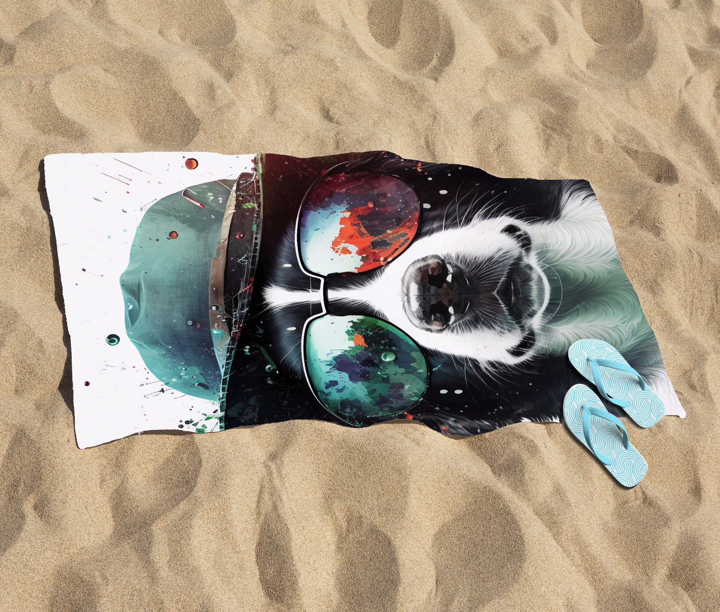 Border Collie Dog Face Splashart Beach Towel