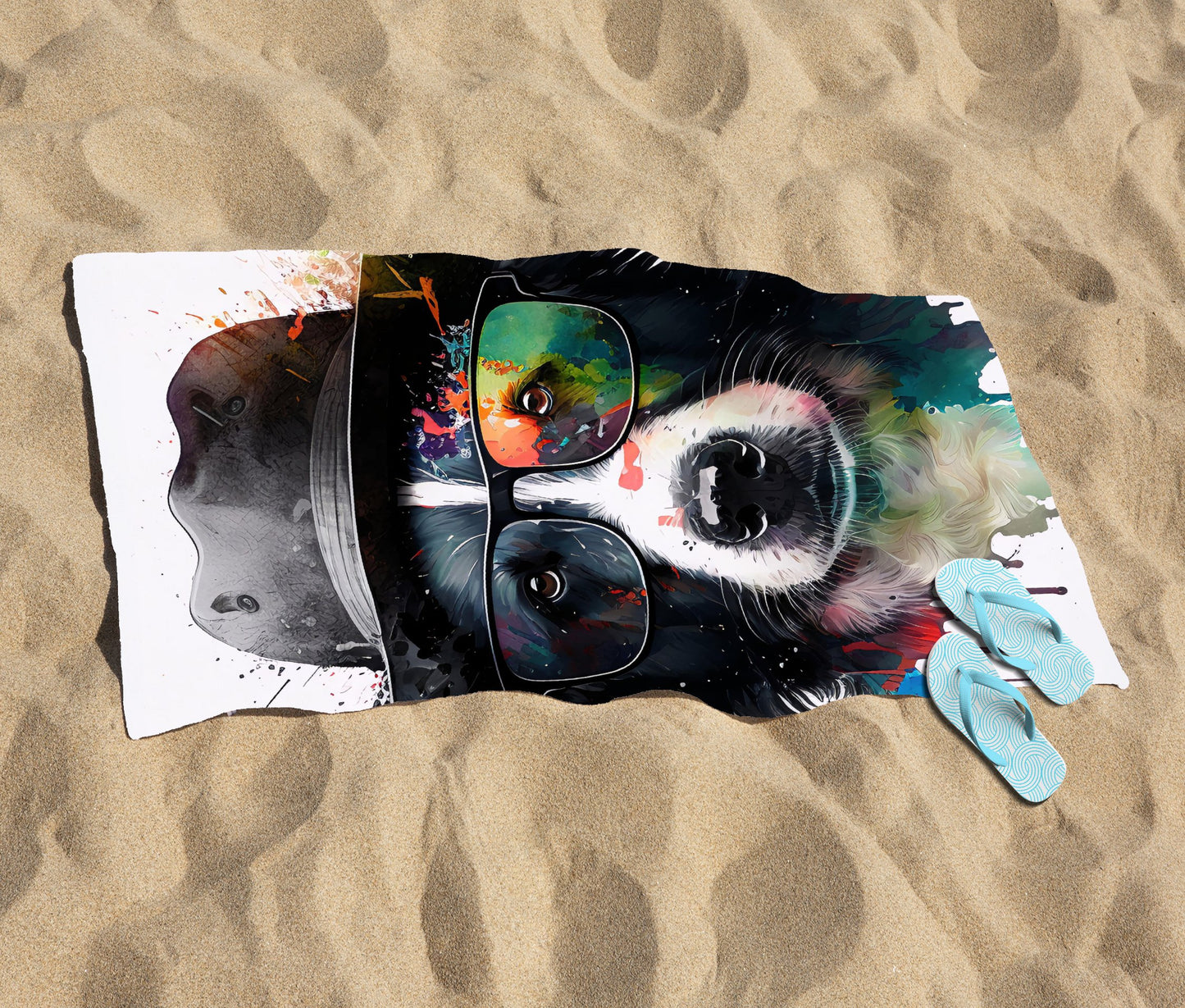 Border Collie Dog Splashart Beach Towel