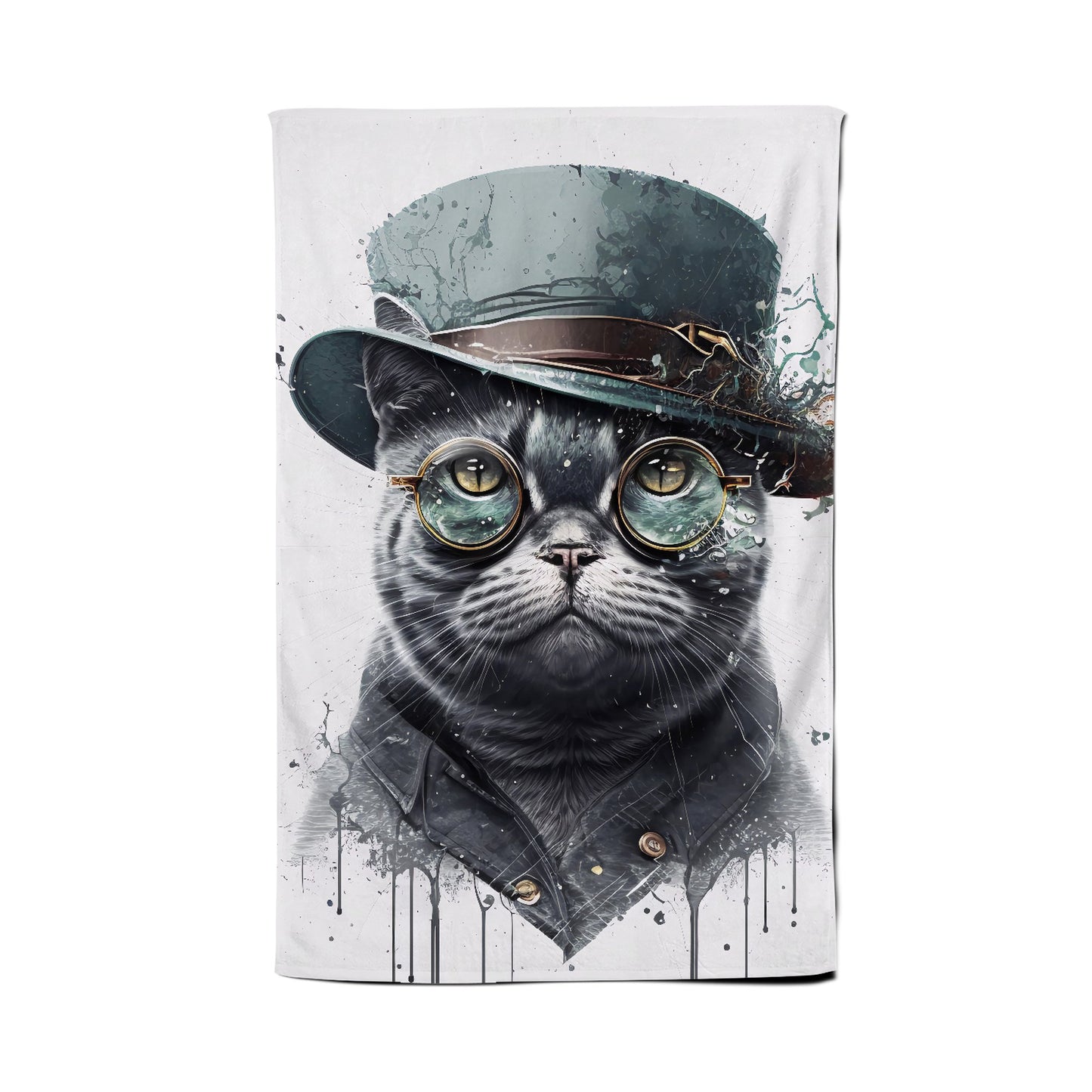 British Shorthair Cat With Glasses Splashart Tea Towel
