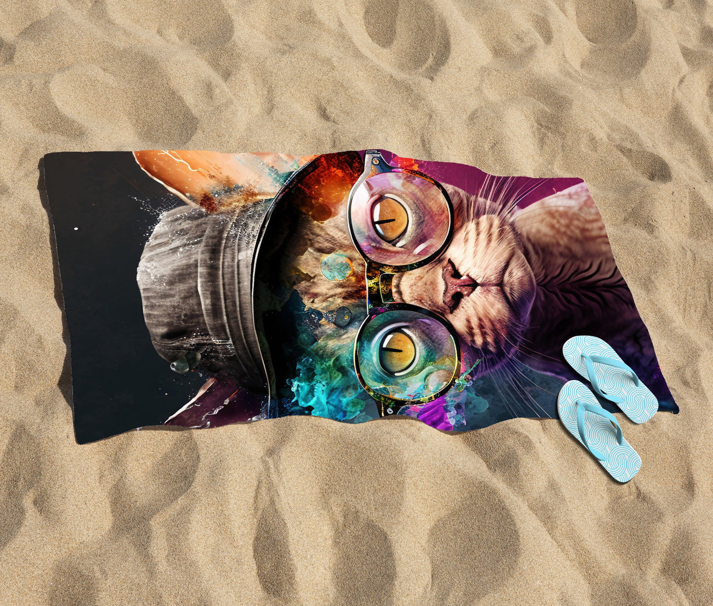 Devon Rex Cat With Hat Splashart Beach Towel