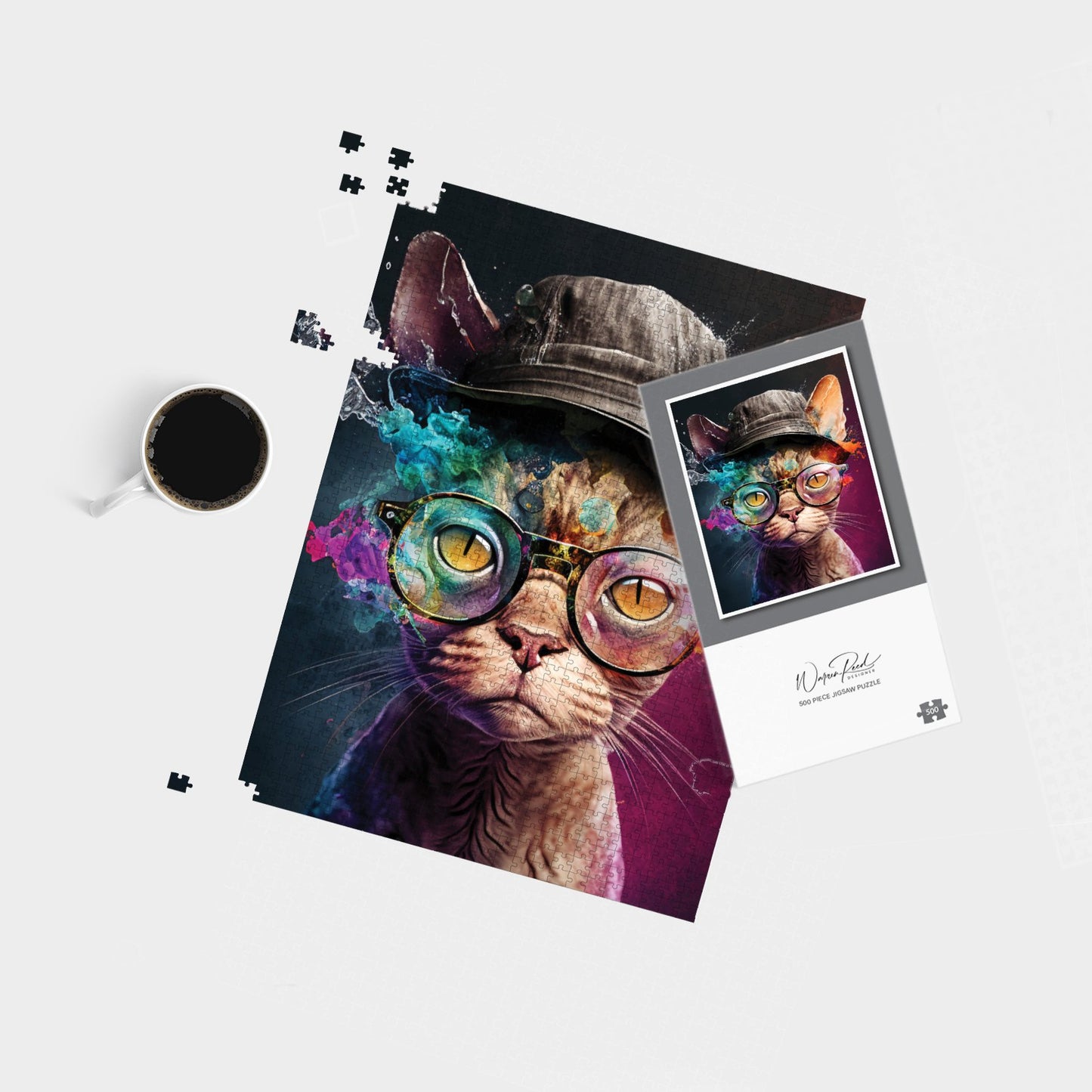 Devon Rex Cat With Hat Splashart Jigsaw Puzzle