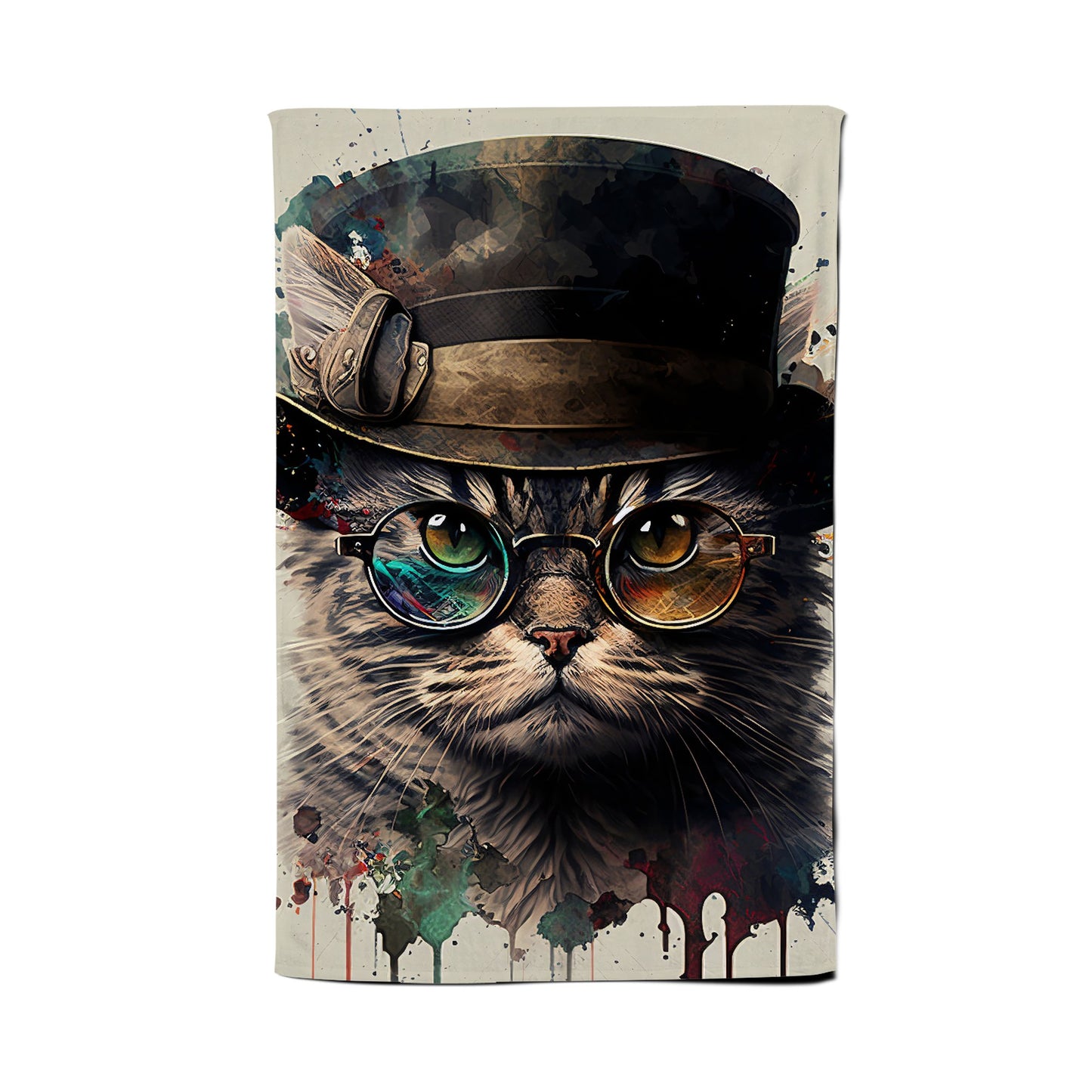 Cat With Glasses And Hat Splashart Tea Towel