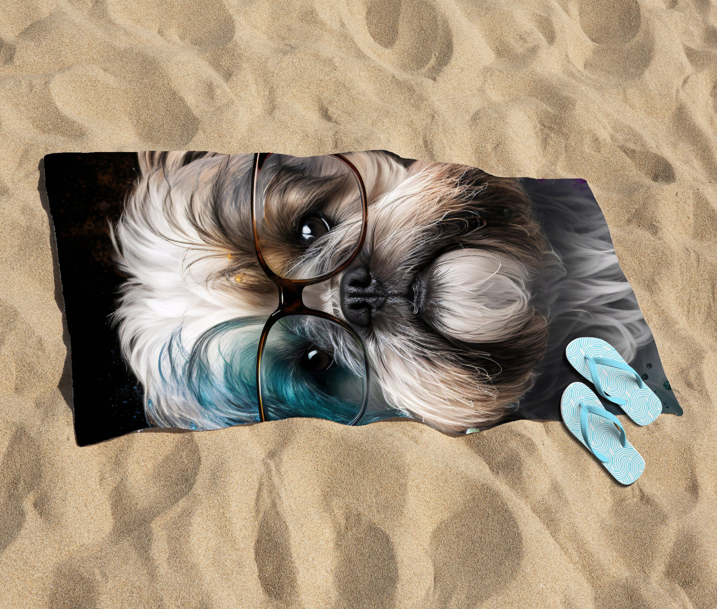 Lhasa Apso With Glasses Splashart Beach Towel