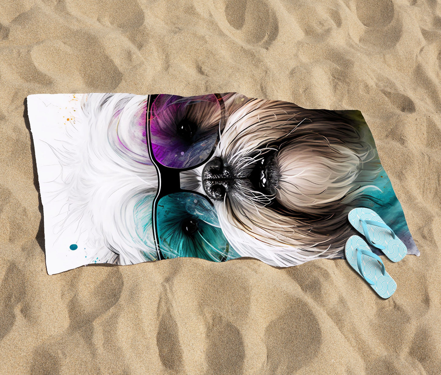 Lhasa Apso Face Glasses Splashart Beach Towel