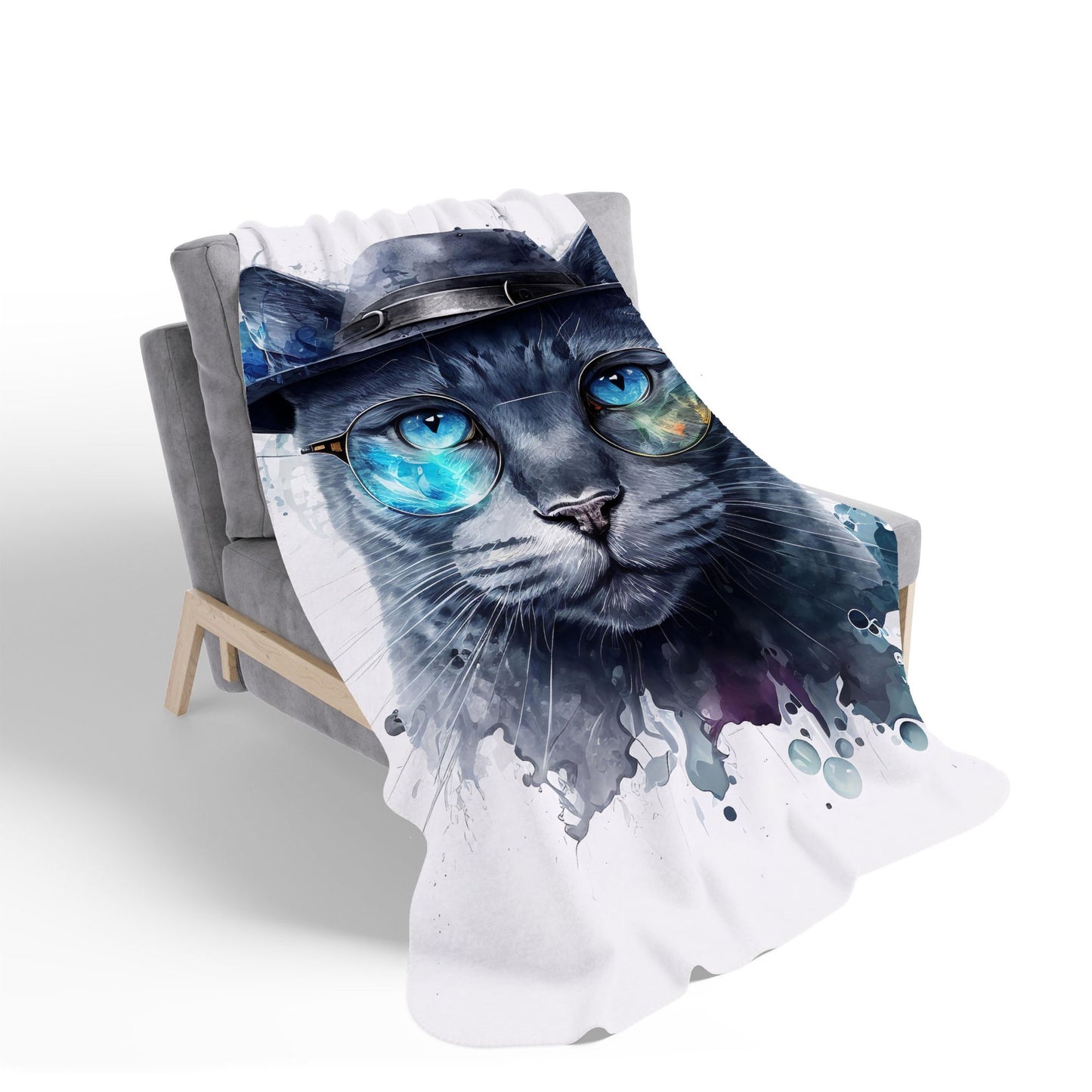 Russian Blue Cat With Glasses Splashart Sherpa Blanket