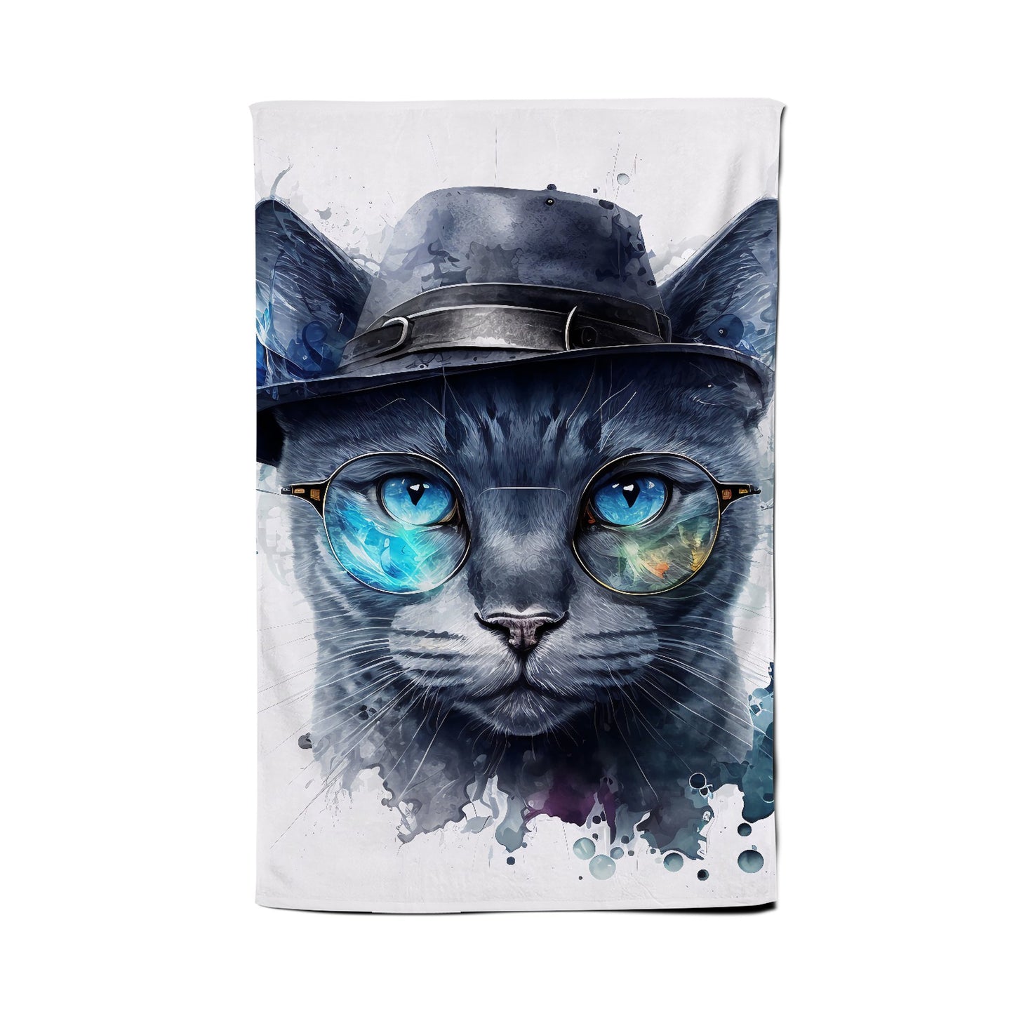 Russian Blue Cat With Glasses Splashart Tea Towel