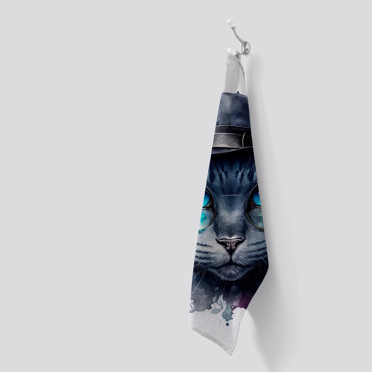Russian Blue Cat With Glasses Splashart Tea Towel