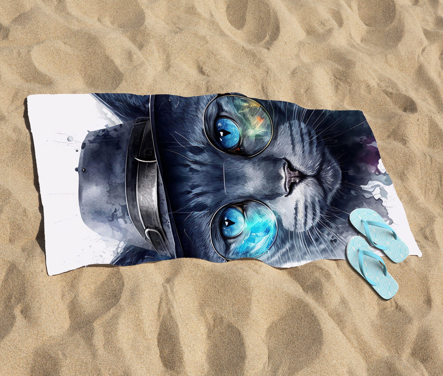 Russian Blue Cat With Glasses Splashart Beach Towel