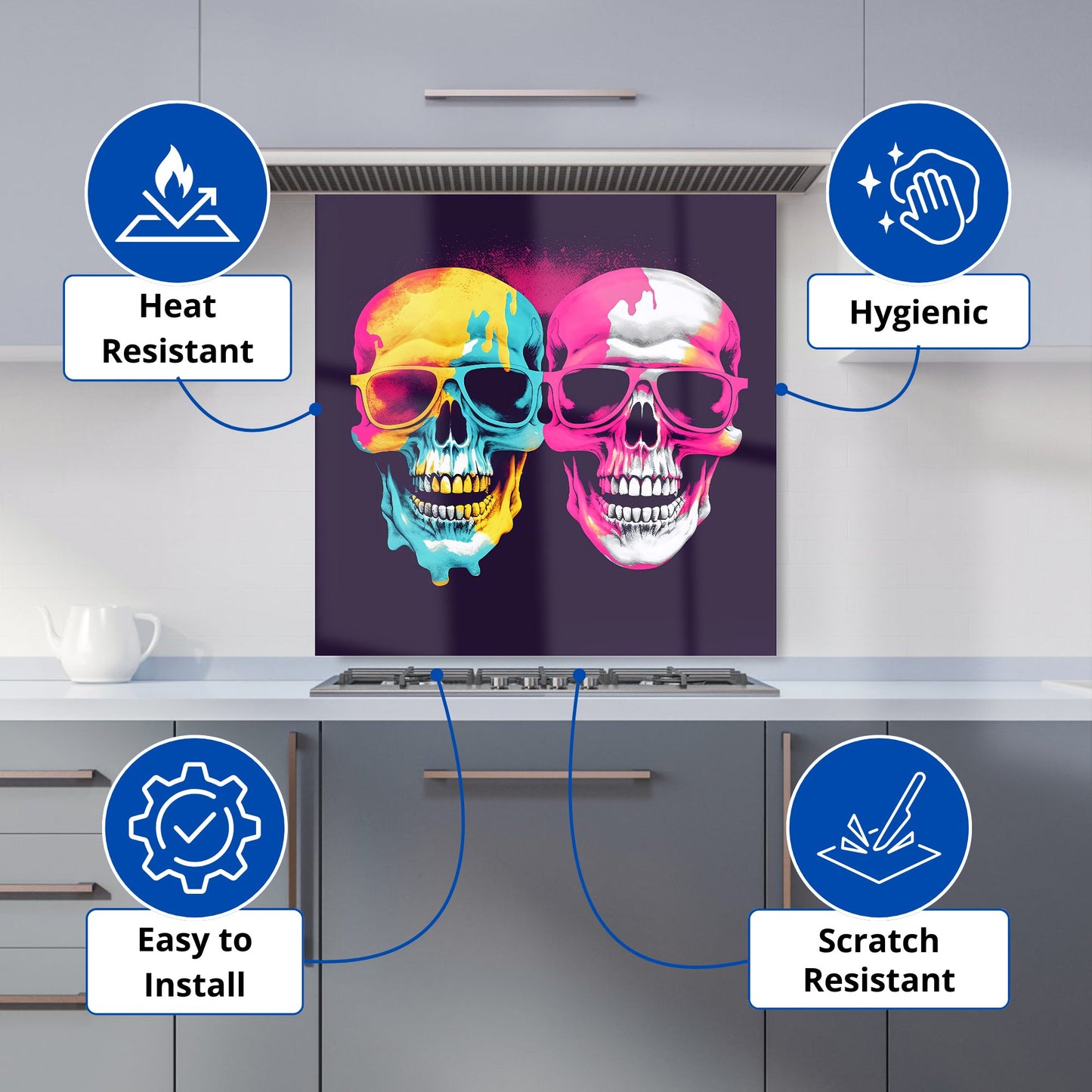 Pinks And Blue Happy Skeletons Kitchen Splashback