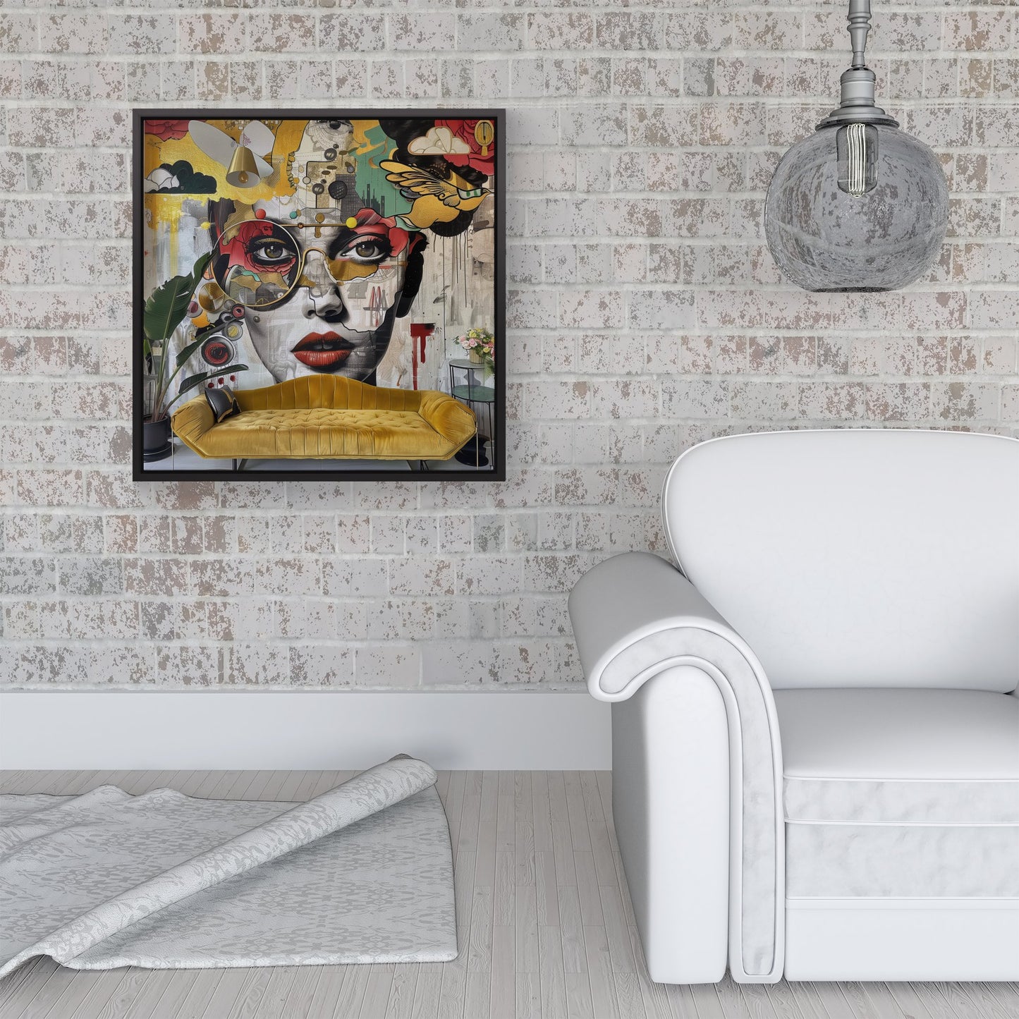 Abstract Face Behind Sofa Framed Canvas
