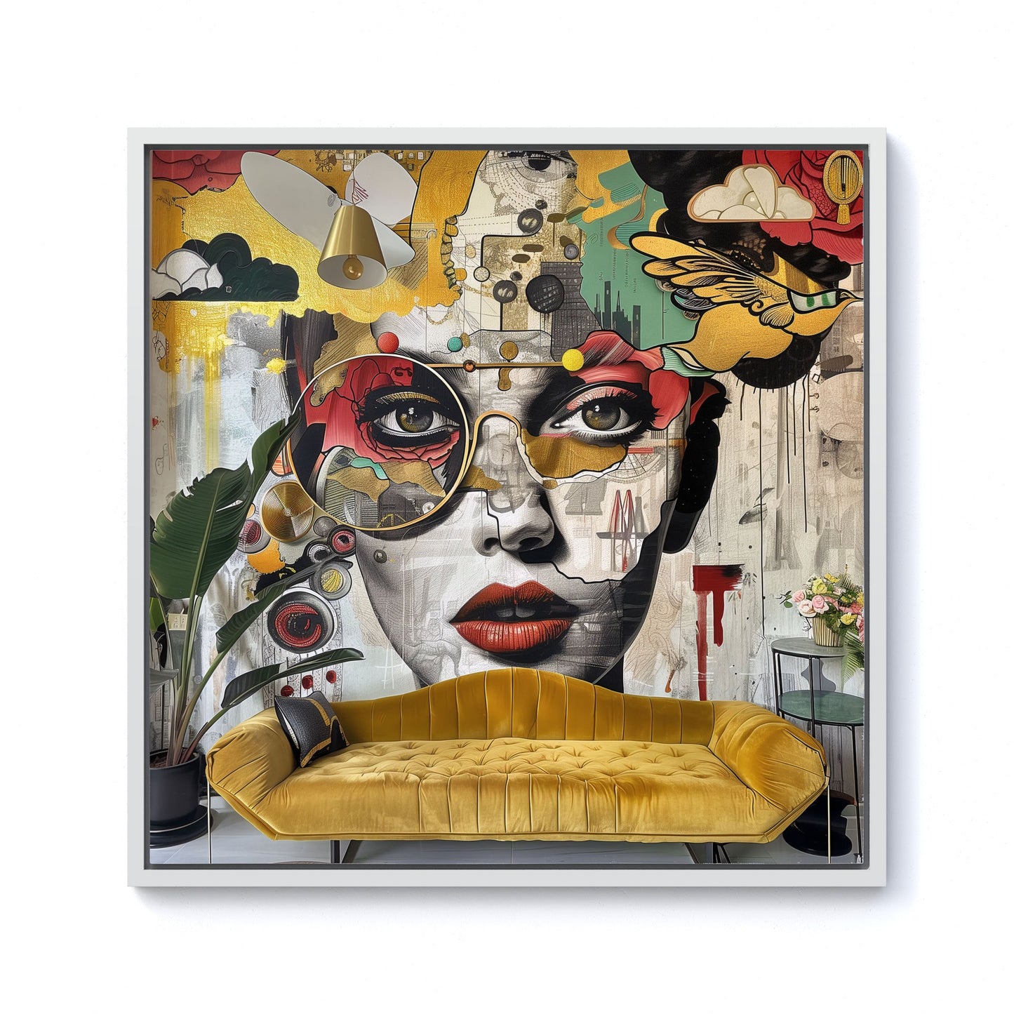 Abstract Face Behind Sofa Framed Canvas