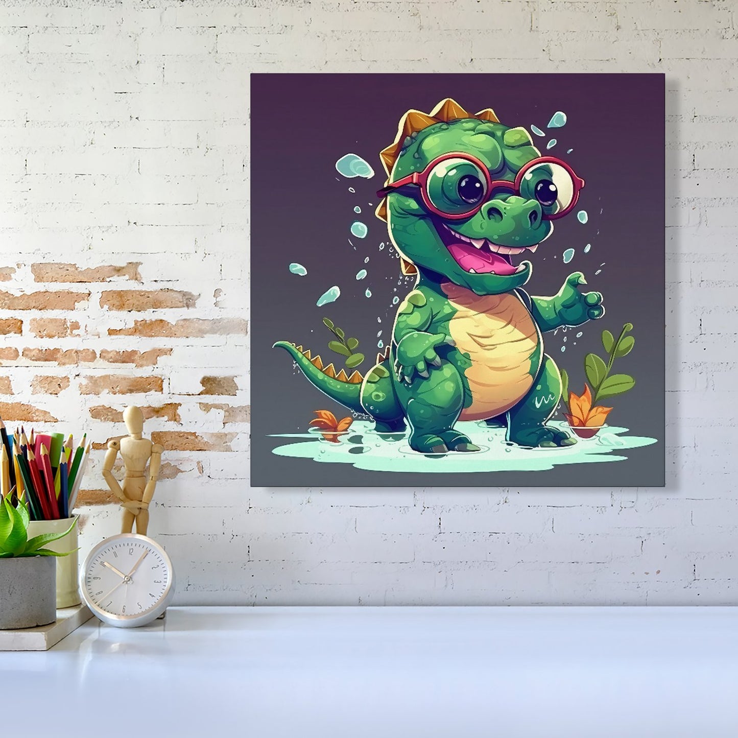 Happy Dino In A Puddle Canvas