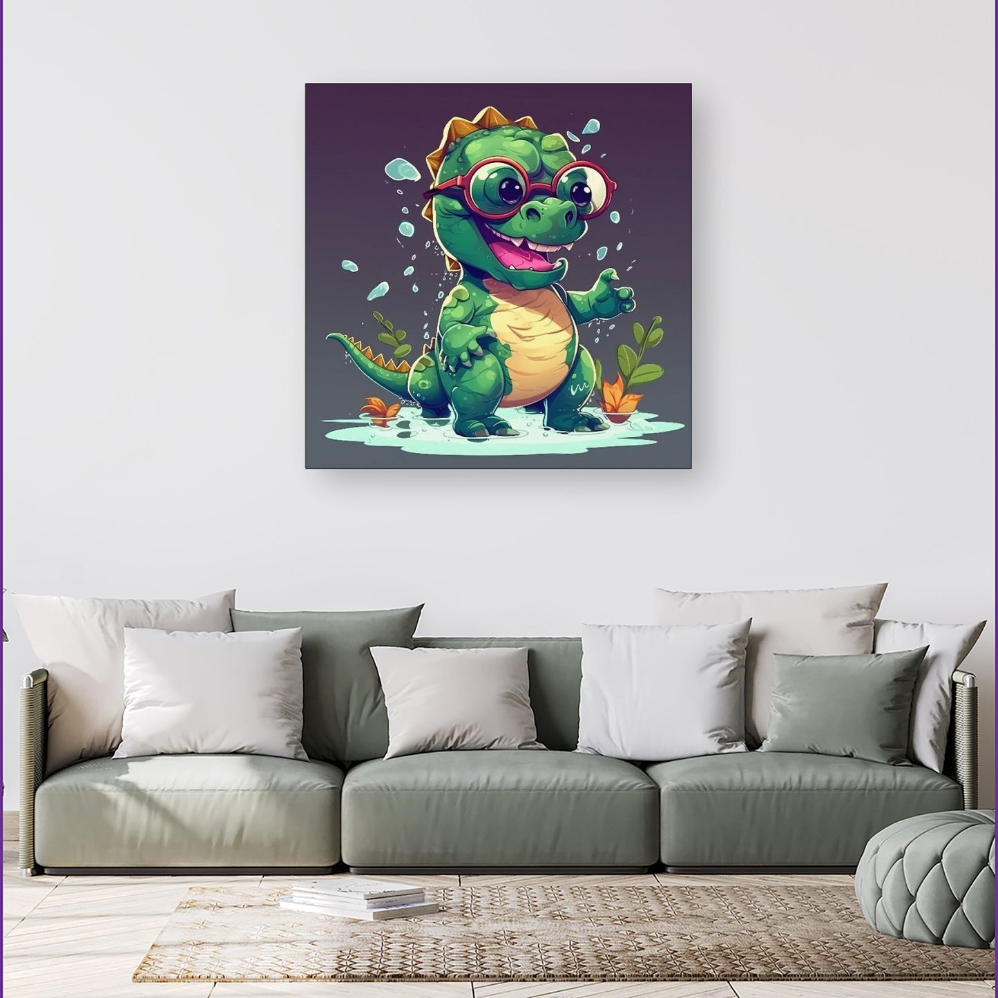 Happy Dino In A Puddle Canvas
