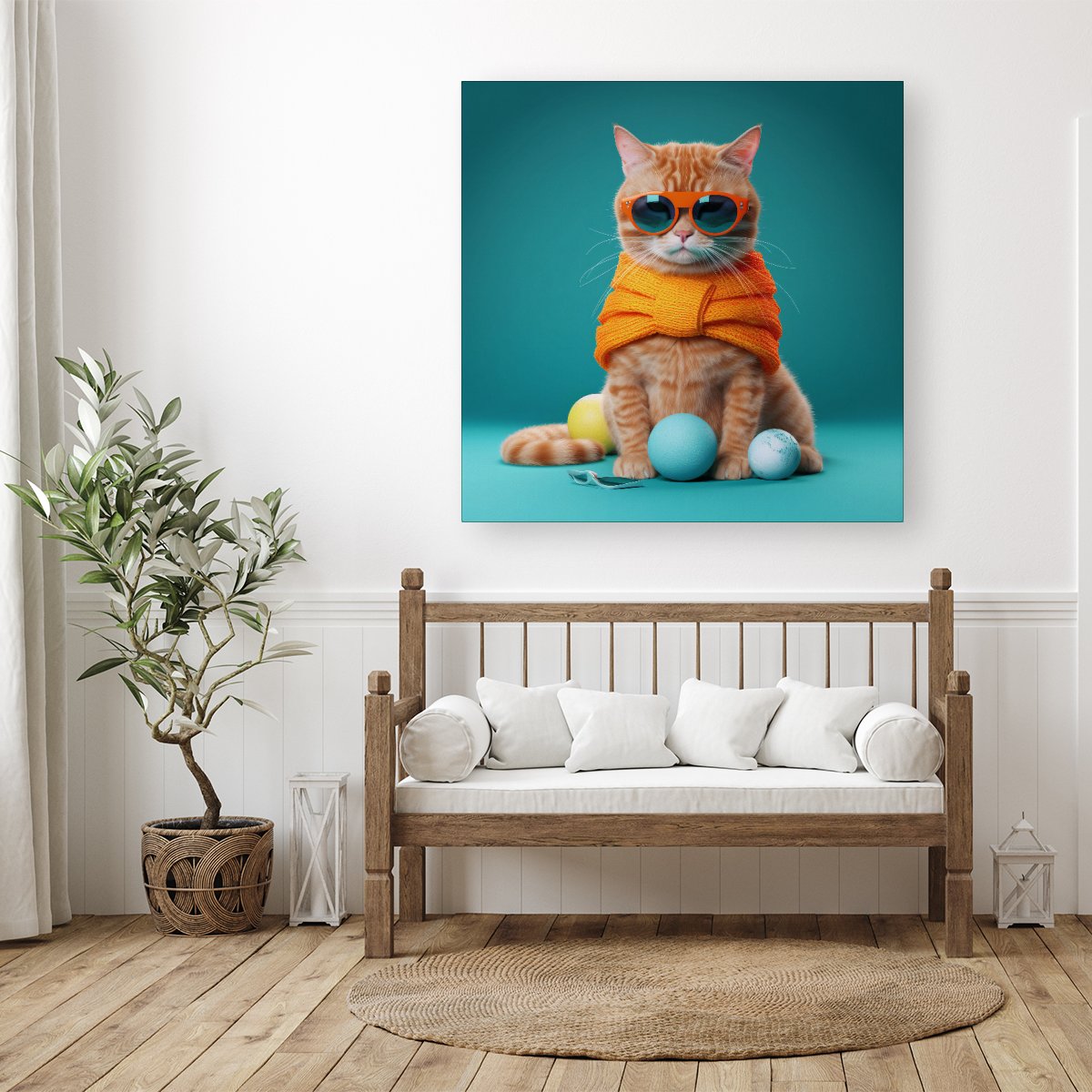 Cat In Glasses With Balls Of Wool Canvas