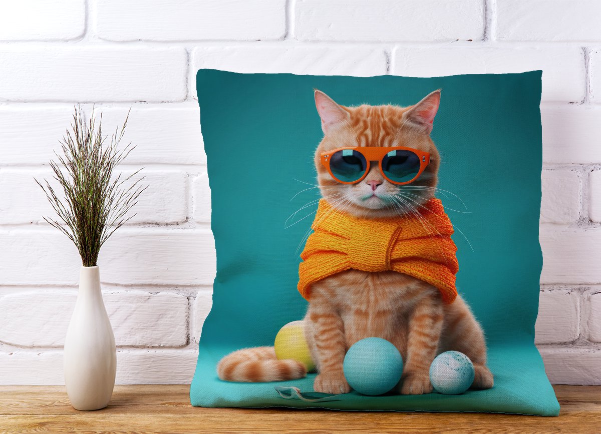 Cat In Glasses With Balls Of Wool Cushions