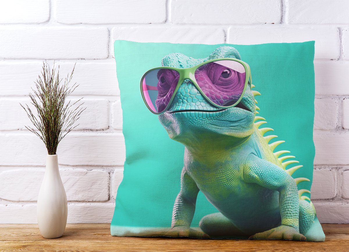 Happy Splashart Iguana Wearing Glasses Cushions