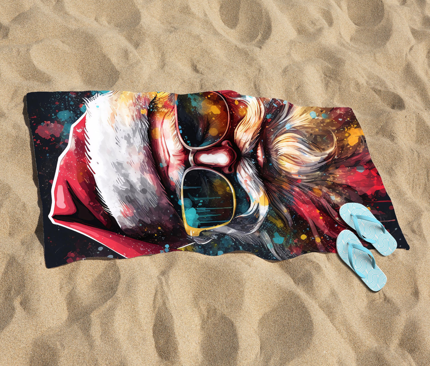 Splashart Santa Claus In Glasses Beach Towel