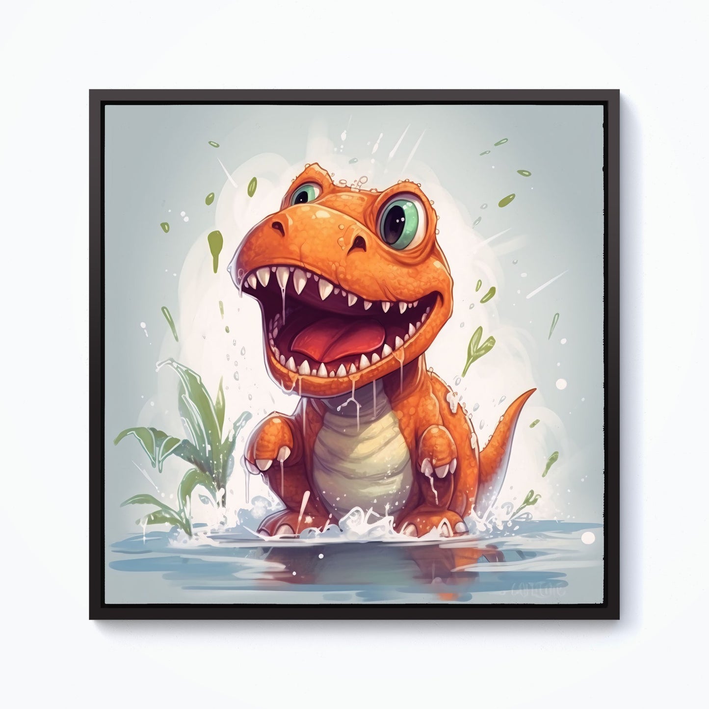 Dino Having A Splash Framed Canvas