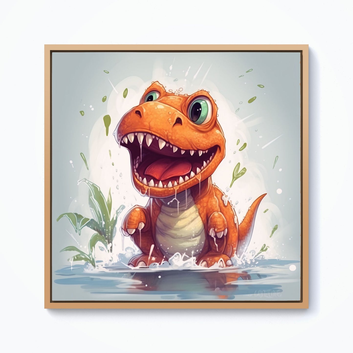 Dino Having A Splash Framed Canvas