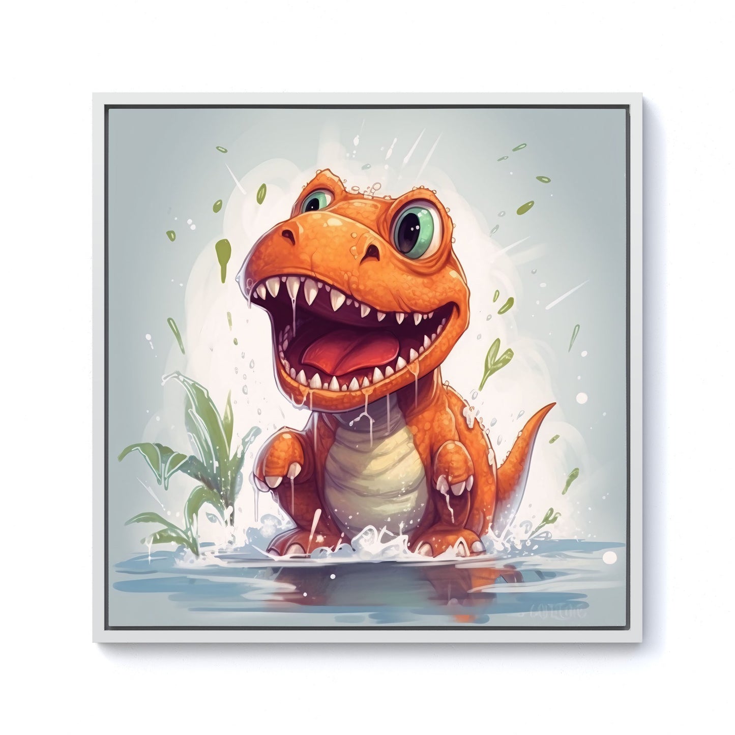 Dino Having A Splash Framed Canvas