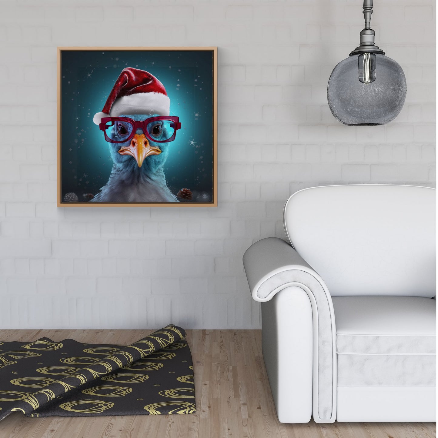 Turkey Wearing A Santa Hat Framed Canvas