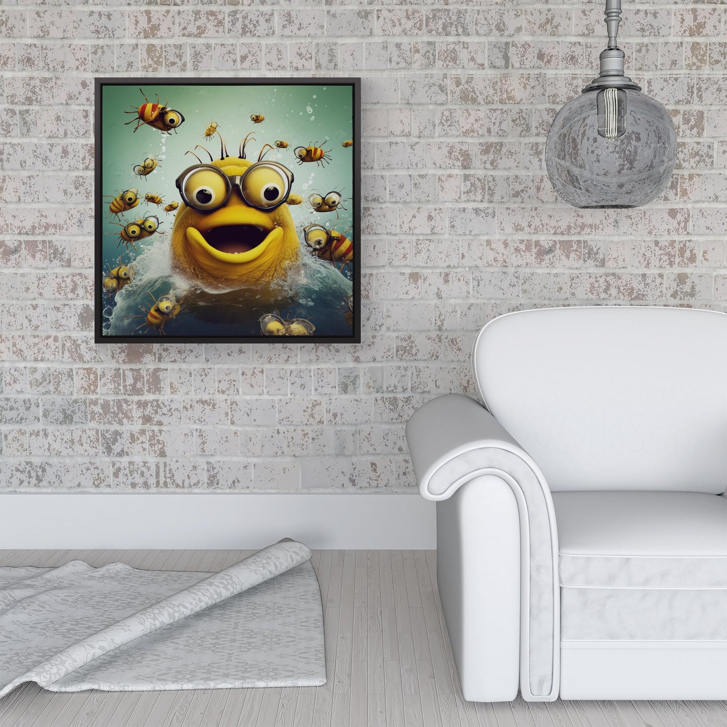 Happy Worm And Bees Splashart Framed Canvas