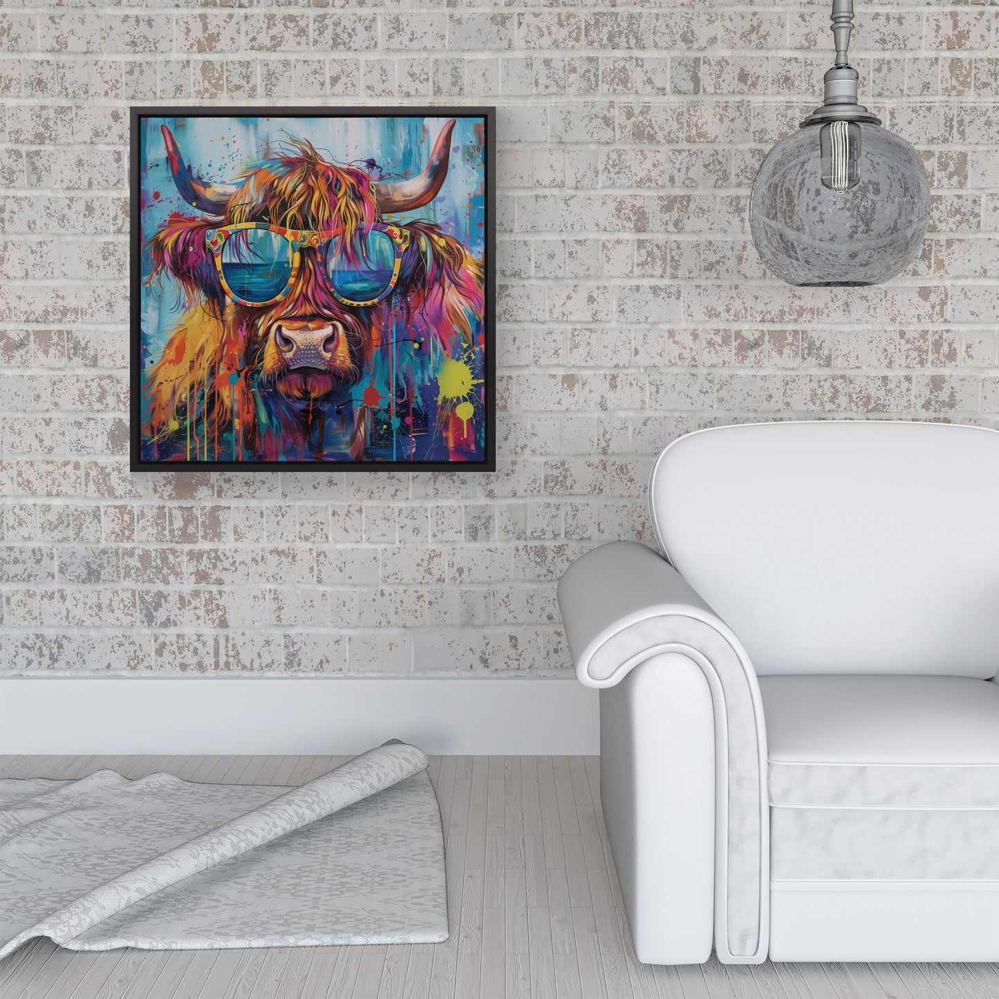 Splashart Highland Cow With Glasses Framed Canvas