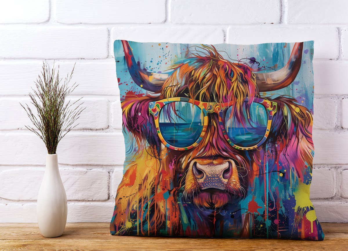 Splashart Highland Cow With Glasses Cushions