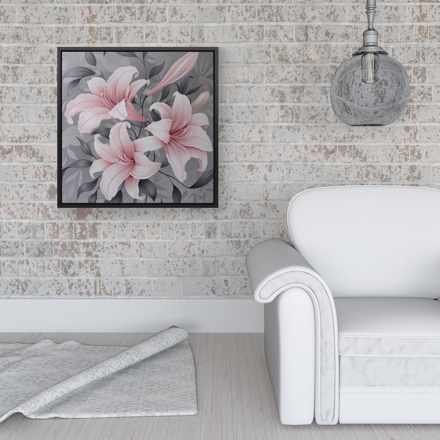 Pink Lilies On Grey Framed Canvas
