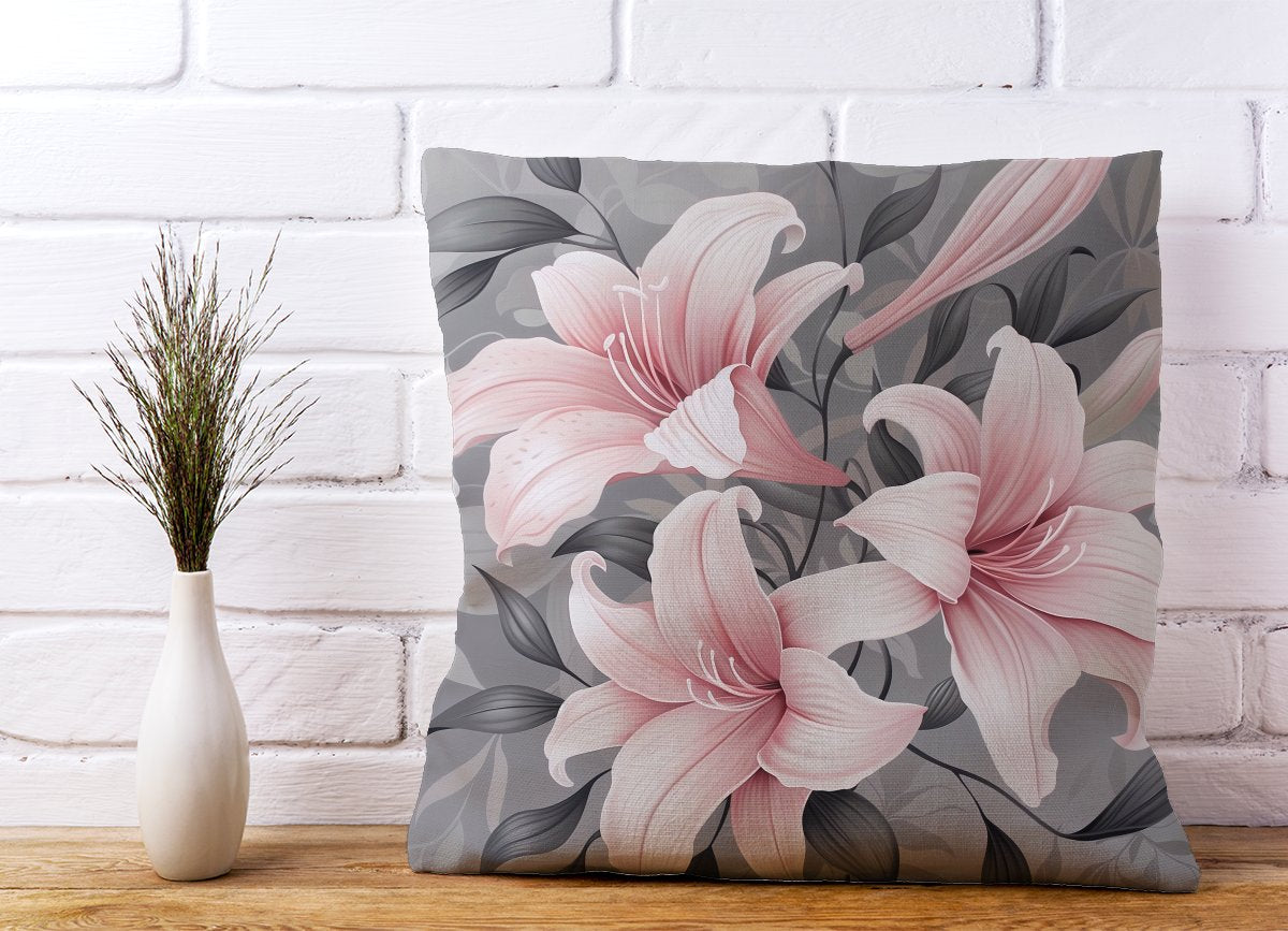 Pink Lilies On Grey Cushions