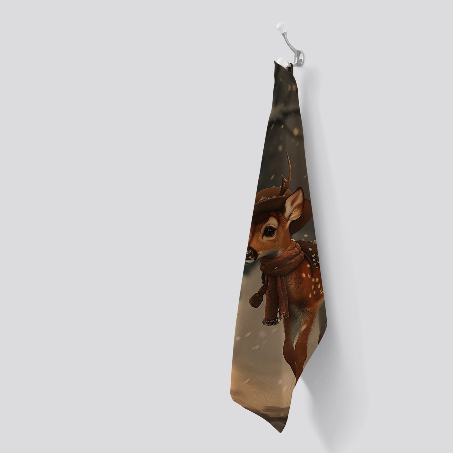 Fawn In A Snowy Scene Tea Towel