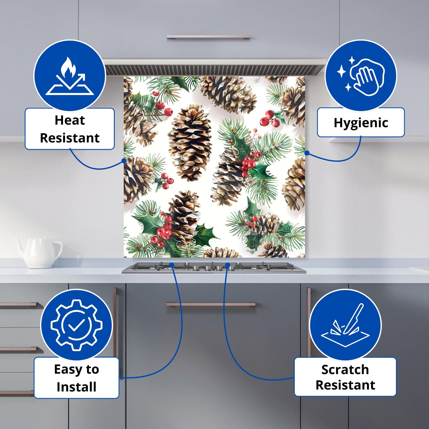 Festive Pine Cones and Holly Kitchen Splashback