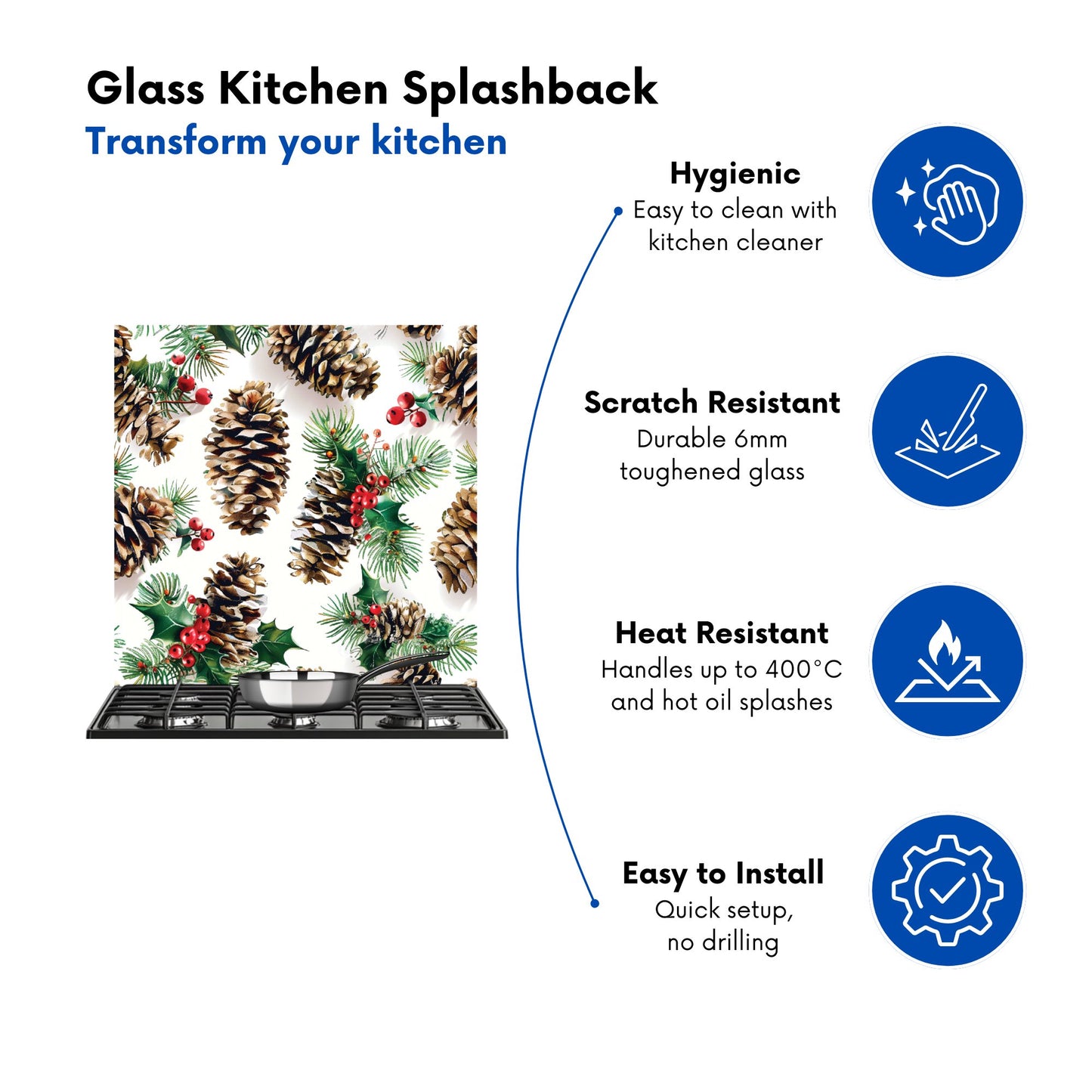 Festive Pine Cones and Holly Kitchen Splashback