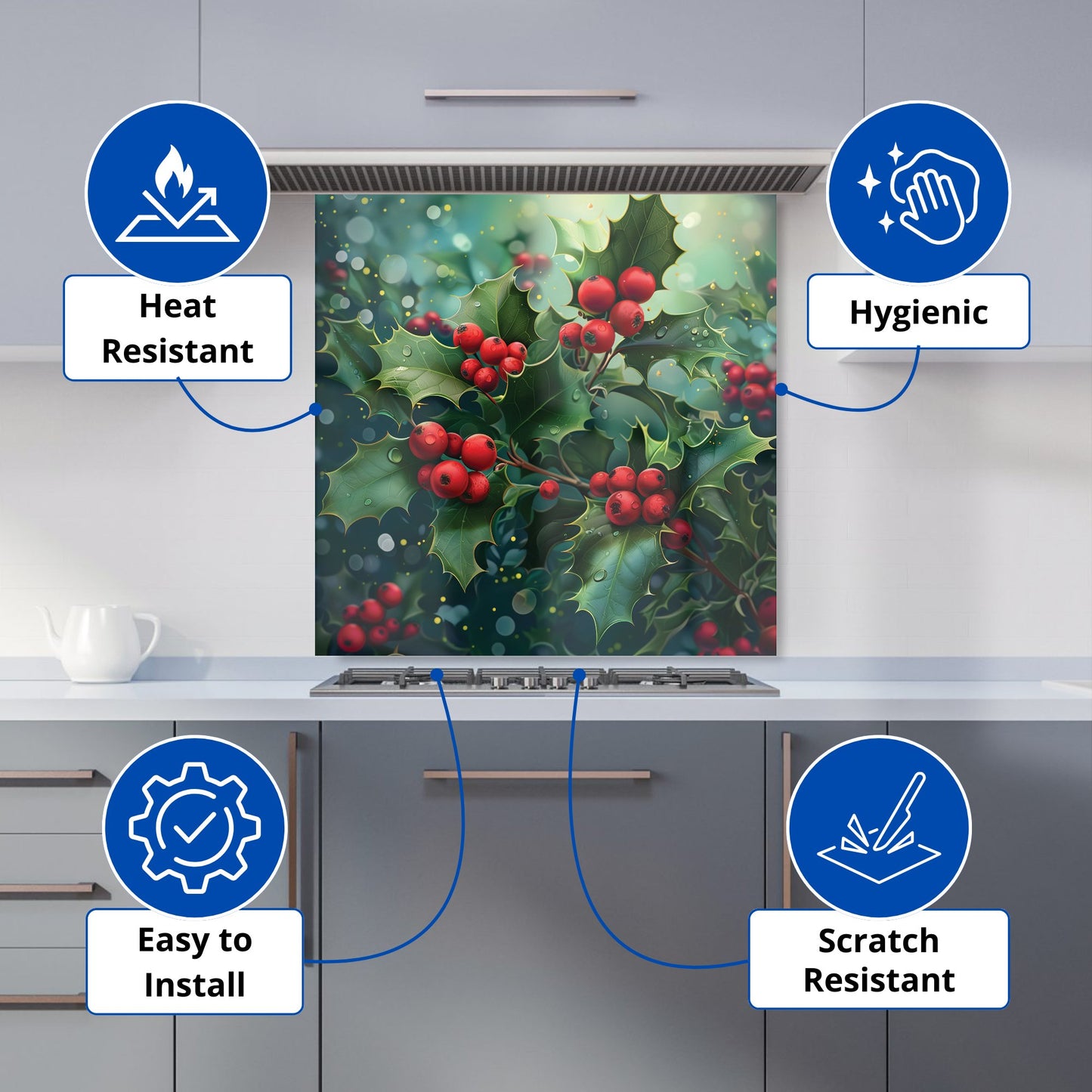 Festive Holly with Dew-Kissed Berries Kitchen Splashback