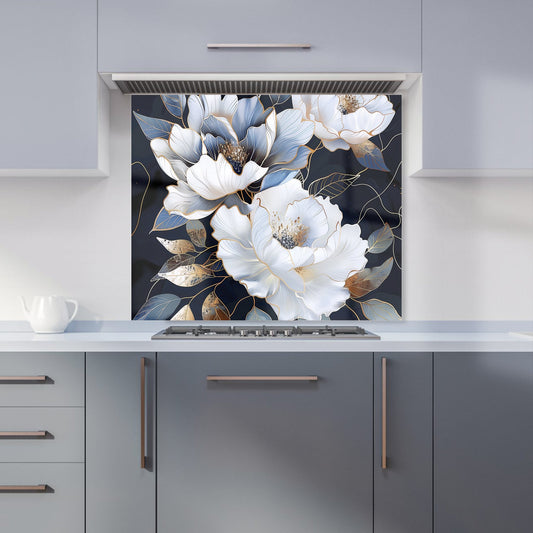 Elegant Floral Symphony in Blue and Gold Kitchen Splashback