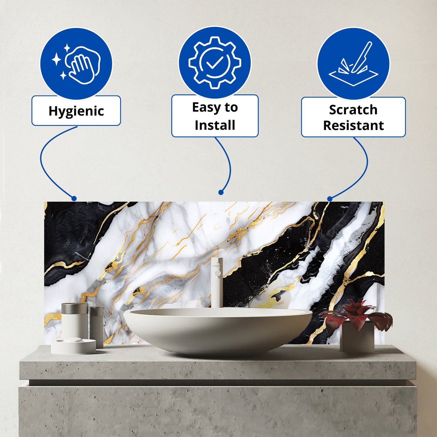 White And Gold Marble Effect Glass Bathroom Splashback