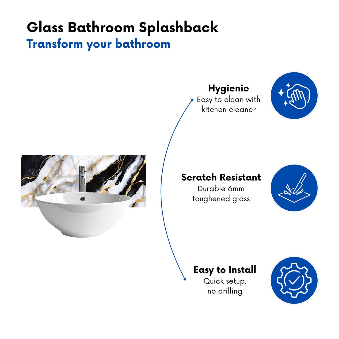 White And Gold Marble Effect Glass Bathroom Splashback