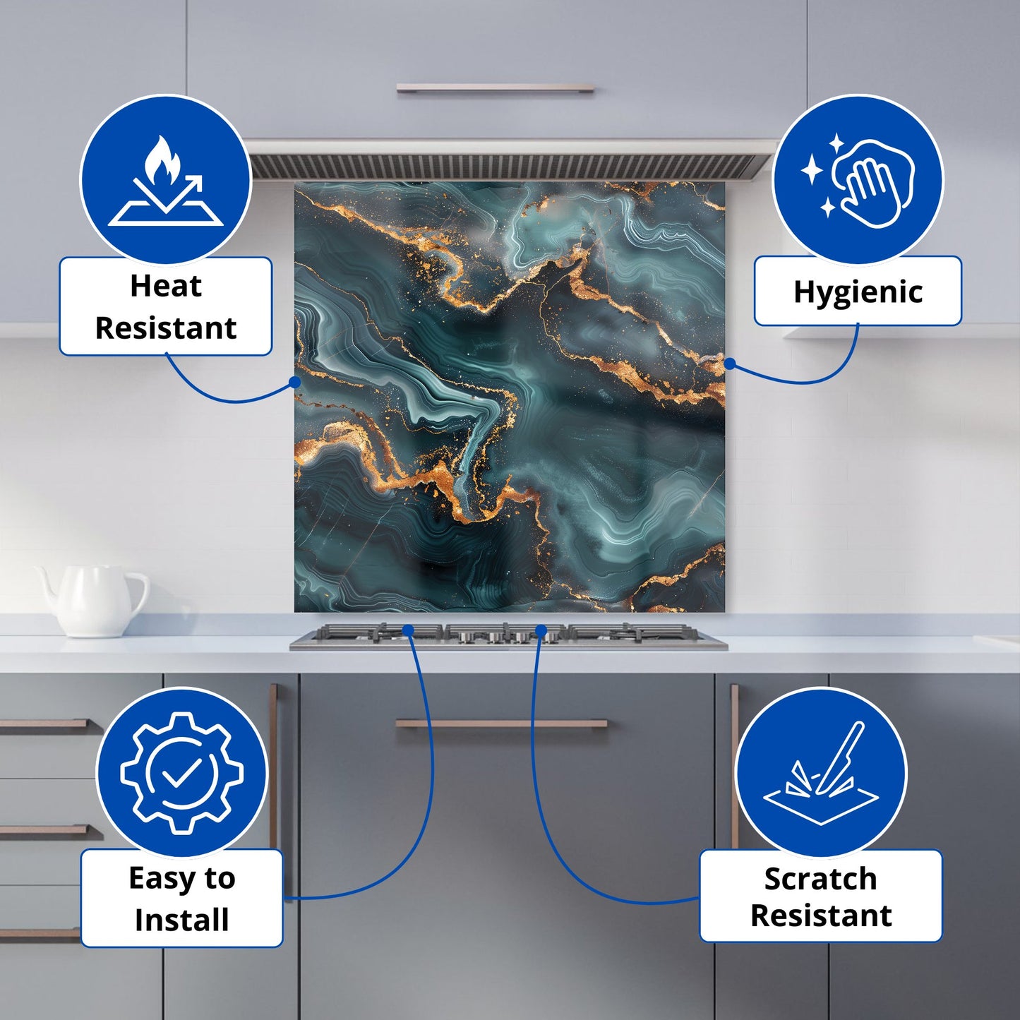 Gold, Blue Marble Effect Kitchen Splashback