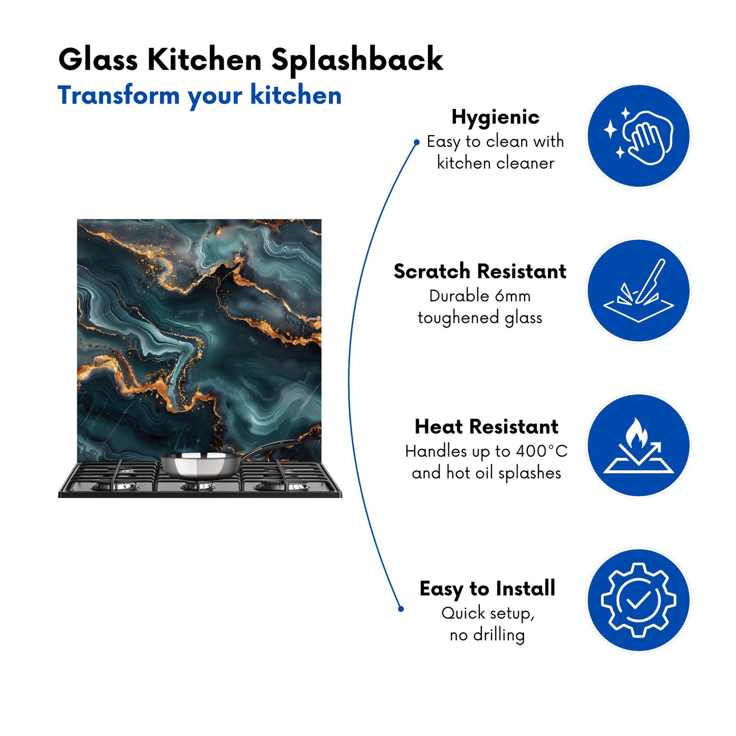 Gold, Blue Marble Effect Kitchen Splashback