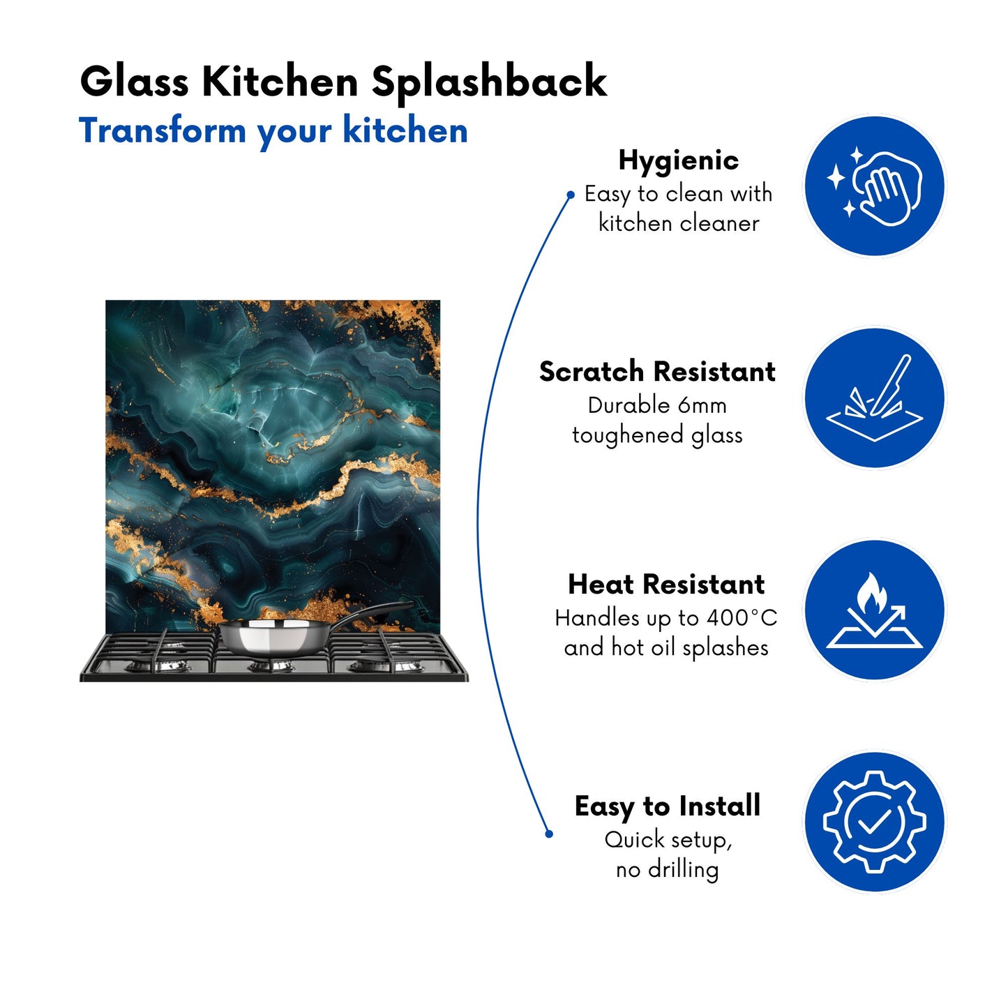 Blue, Gold Marble Effect Kitchen Splashback
