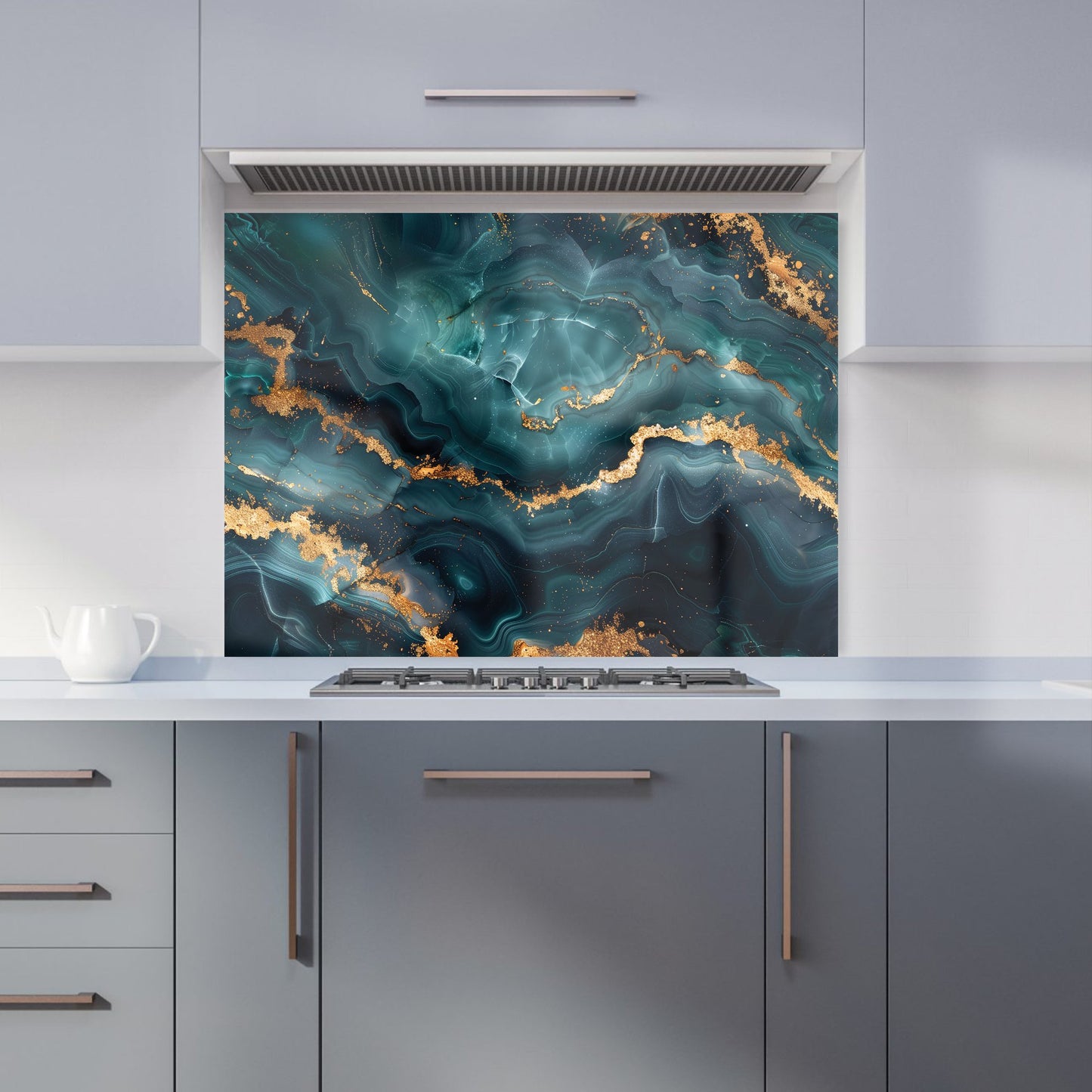 Blue, Gold Marble Effect Kitchen Splashback