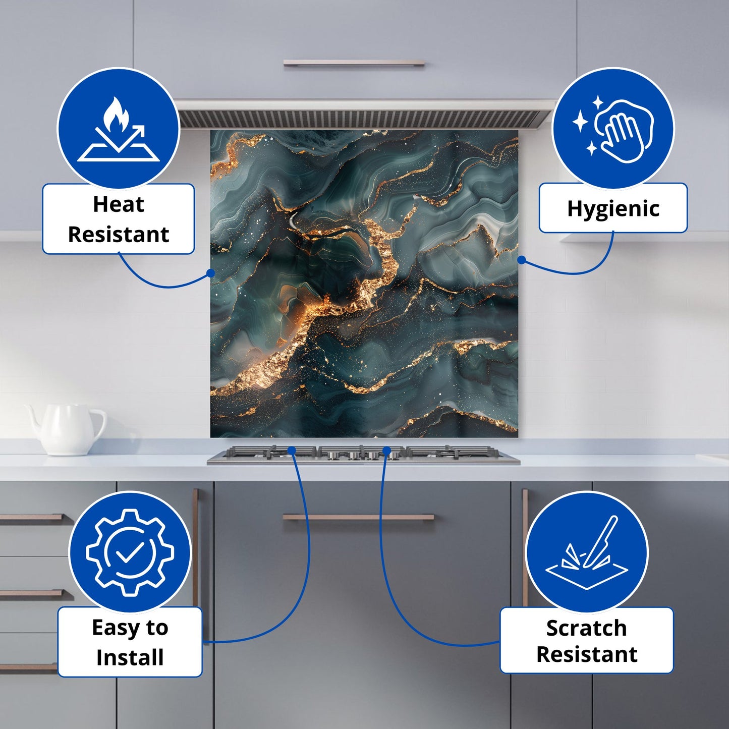 Vibrant Blue Marble Effect Kitchen Splashback