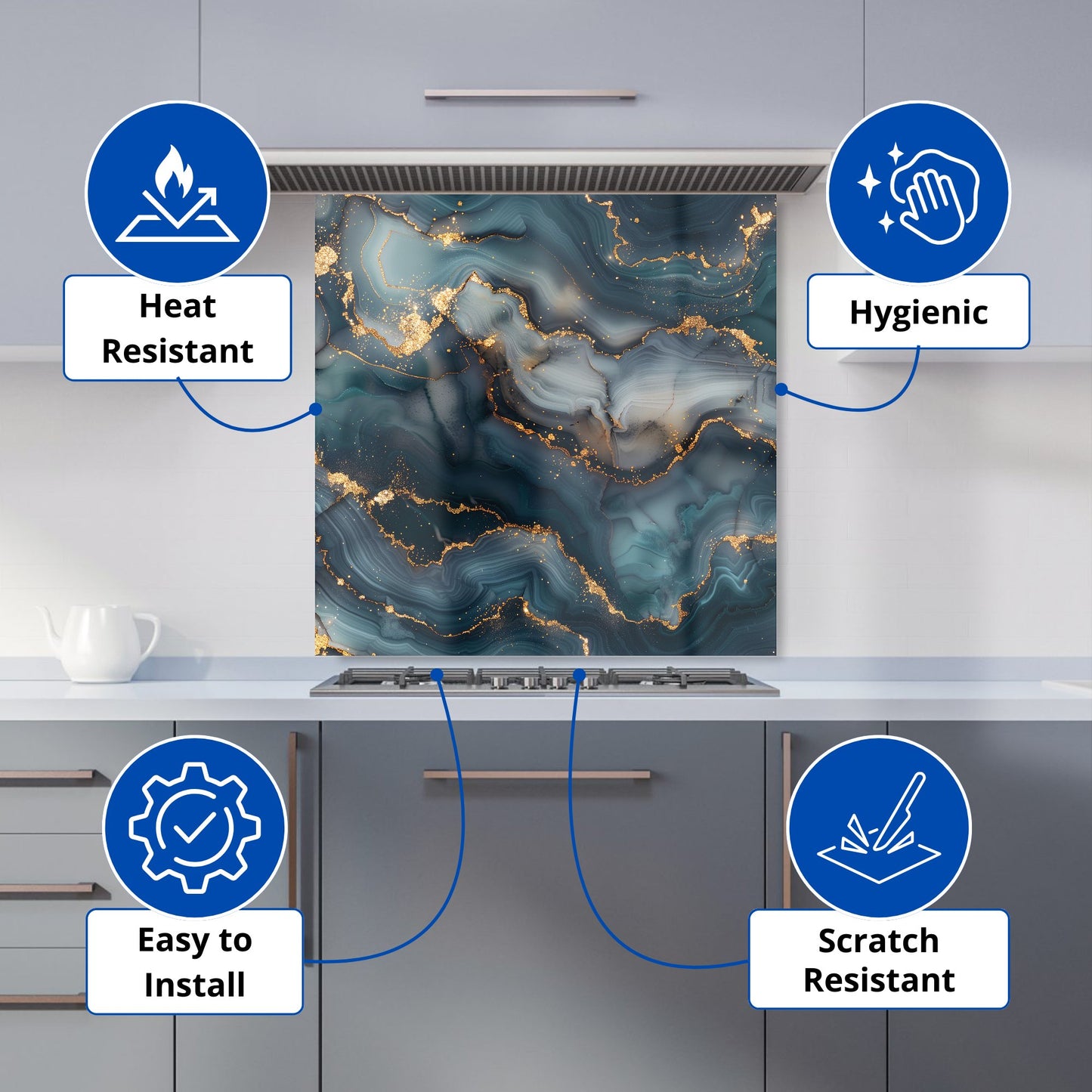 Blues And Gold Marble Effect Kitchen Splashback